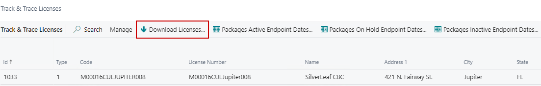 Track & Trace Licenses Page's Download Licenses function