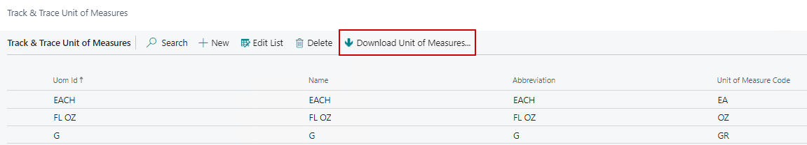 Track & Trace Unit of Measures Page's Download Unit of Measures function