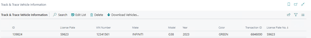 Track & Trace Vehicle Information Page